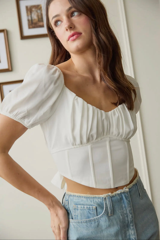 Back Tie Corset Waist Short Puff Sleeve Crop Top