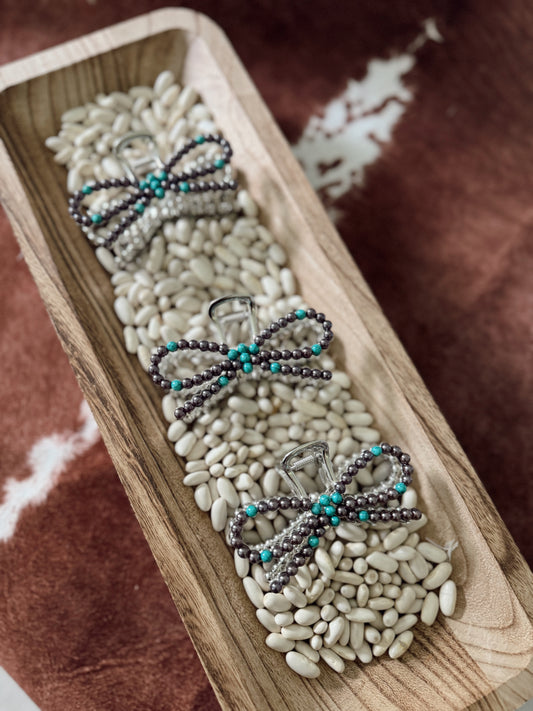 The Silver & Turquoise Bow Stoned Metal Claw Clip